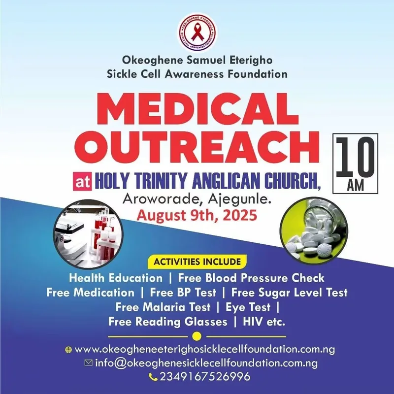 Our flyer for the medical outreach at Holy Trinity Anglican Church, Aroworade, Ajegunle, 9 August 2025