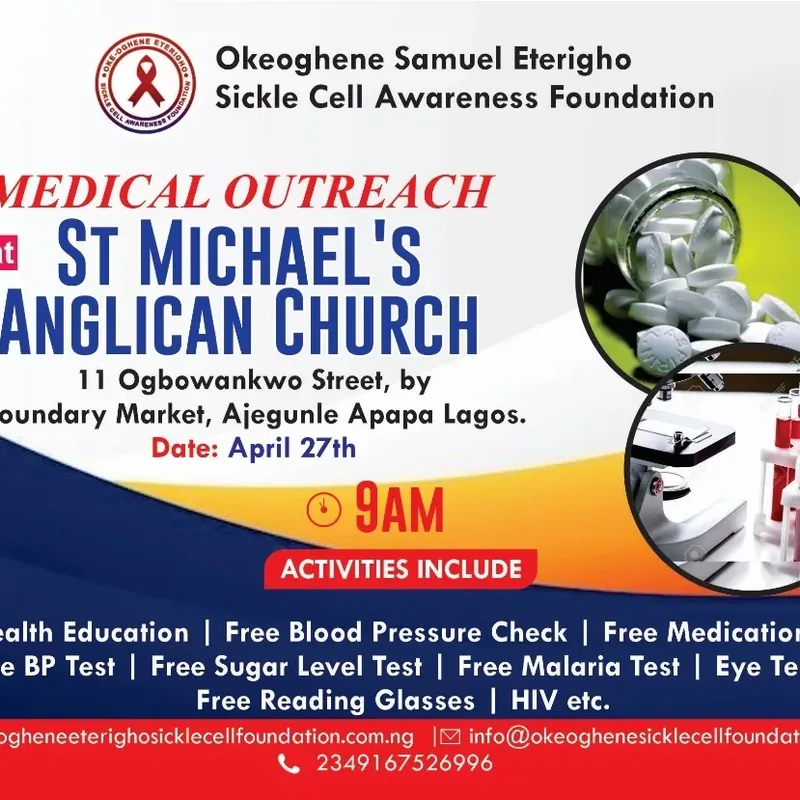 Our flyer for the medical outreach at St Michael's Anglican Church, Ajegunle, 27 April
